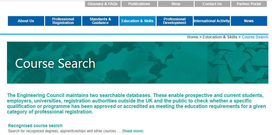Course search - screenshot of webpage