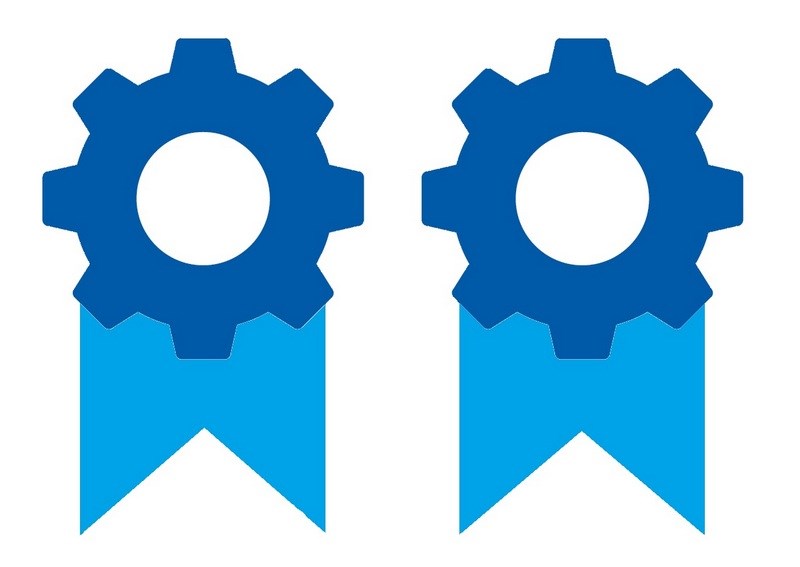 Line illustration of two rosettes, centres shaped like cogs