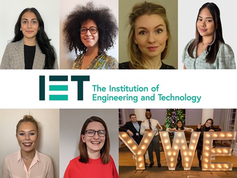 composite image of six young women's headshots & the IET logo