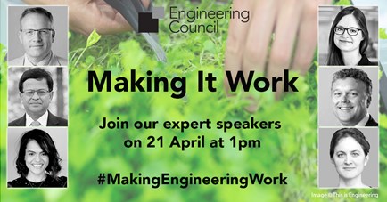 event flyer for Making It Work 21 April, headshots of six speakers
