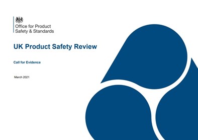 Screenshot of the cover: UK Product safety review. Abstract blue blobs and logo for the UK Office for Product Safety & Standards