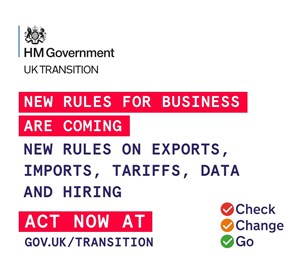 graphic: Logo HM Government UK Transition. Text reads: New rules for Business are coming