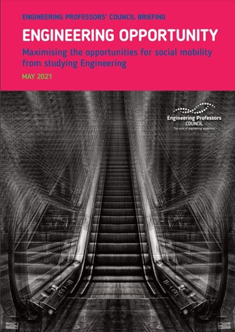 cover of the report Engineering Opportunity. Photo of an escalator