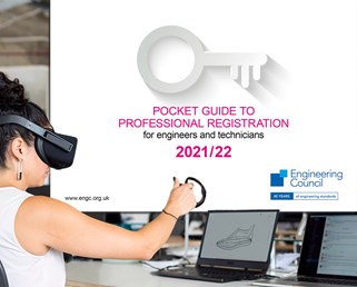 Image of the pocket guide to professional registration, and a woman using a VR headset and handset