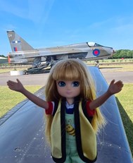 photo of doll in front of an army airplane