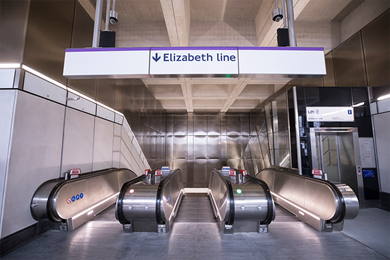 Elizabeth line signage and escalators