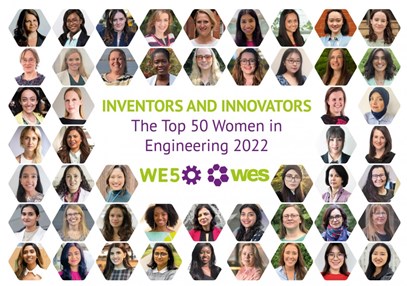 Montage of 50 headshots. Text reads 'Inventors and Innovators, the top 50 women in engineering 2022