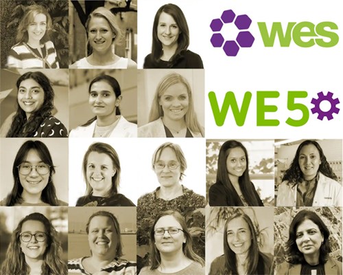 Montage of headshots in sepia colouring, with the WES and WE50 logos in bright green, white and purple