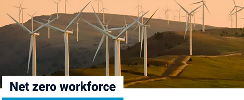 Picture of wind turbines, text reads "Net zero workforce"